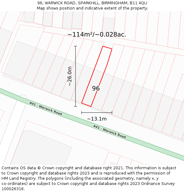 96, WARWICK ROAD, SPARKHILL, BIRMINGHAM, B11 4QU: Plot and title map