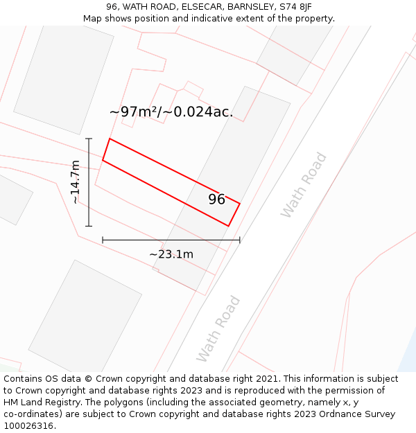 96, WATH ROAD, ELSECAR, BARNSLEY, S74 8JF: Plot and title map