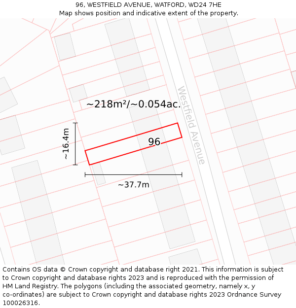 96, WESTFIELD AVENUE, WATFORD, WD24 7HE: Plot and title map