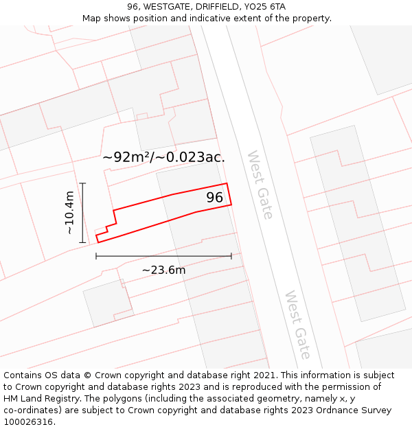 96, WESTGATE, DRIFFIELD, YO25 6TA: Plot and title map