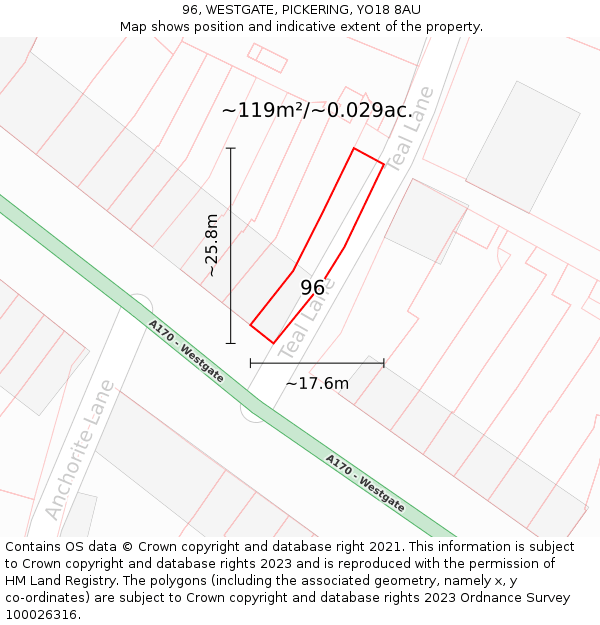 96, WESTGATE, PICKERING, YO18 8AU: Plot and title map