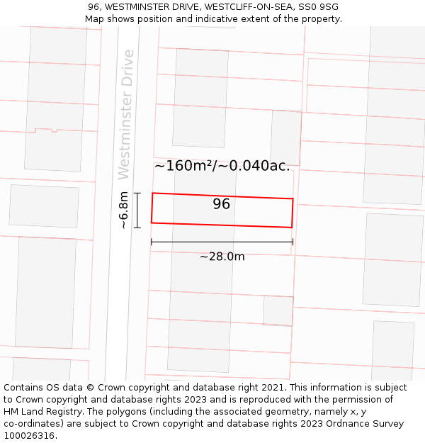 96, WESTMINSTER DRIVE, WESTCLIFF-ON-SEA, SS0 9SG: Plot and title map