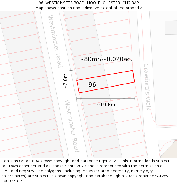 96, WESTMINSTER ROAD, HOOLE, CHESTER, CH2 3AP: Plot and title map
