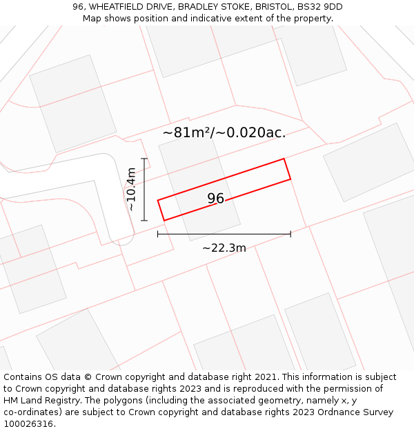 96, WHEATFIELD DRIVE, BRADLEY STOKE, BRISTOL, BS32 9DD: Plot and title map