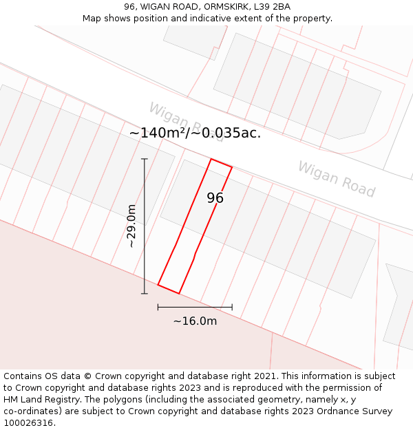 96, WIGAN ROAD, ORMSKIRK, L39 2BA: Plot and title map
