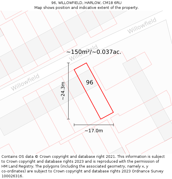 96, WILLOWFIELD, HARLOW, CM18 6RU: Plot and title map