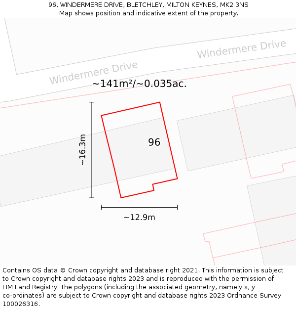 96, WINDERMERE DRIVE, BLETCHLEY, MILTON KEYNES, MK2 3NS: Plot and title map