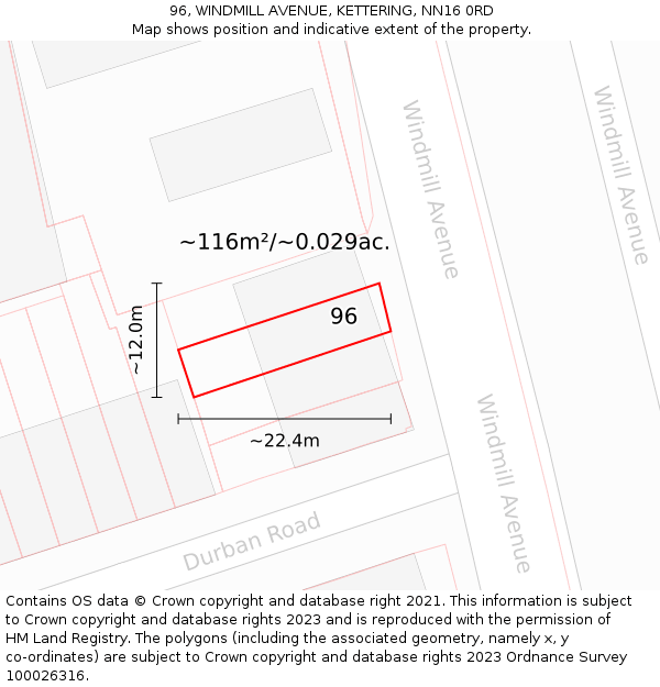 96, WINDMILL AVENUE, KETTERING, NN16 0RD: Plot and title map