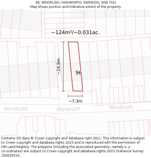 96, WINDRUSH, HIGHWORTH, SWINDON, SN6 7DU: Plot and title map
