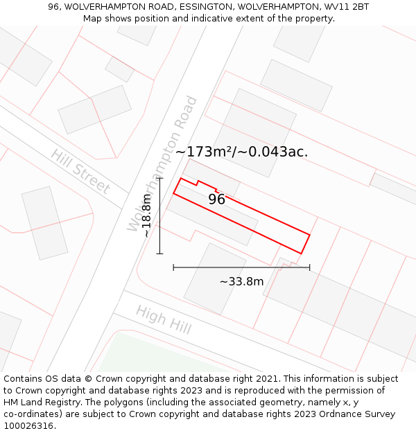 96, WOLVERHAMPTON ROAD, ESSINGTON, WOLVERHAMPTON, WV11 2BT: Plot and title map