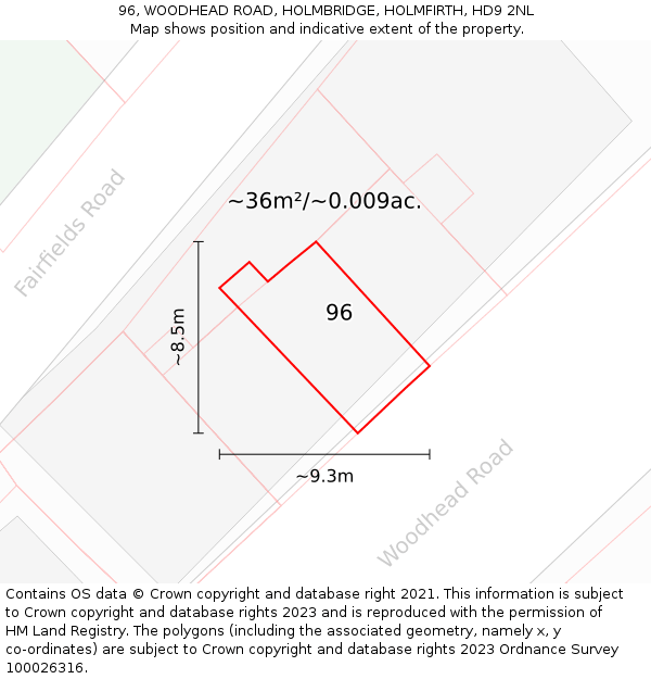 96, WOODHEAD ROAD, HOLMBRIDGE, HOLMFIRTH, HD9 2NL: Plot and title map