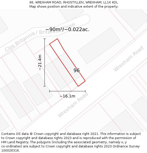 96, WREXHAM ROAD, RHOSTYLLEN, WREXHAM, LL14 4DL: Plot and title map
