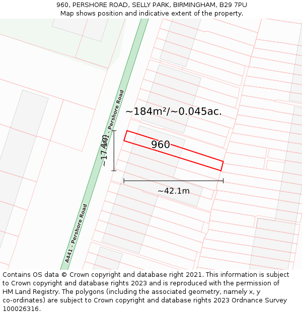 960, PERSHORE ROAD, SELLY PARK, BIRMINGHAM, B29 7PU: Plot and title map