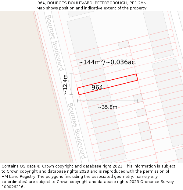 964, BOURGES BOULEVARD, PETERBOROUGH, PE1 2AN: Plot and title map