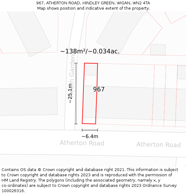 967, ATHERTON ROAD, HINDLEY GREEN, WIGAN, WN2 4TA: Plot and title map