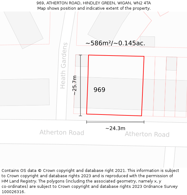 969, ATHERTON ROAD, HINDLEY GREEN, WIGAN, WN2 4TA: Plot and title map