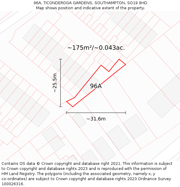 96A, TICONDEROGA GARDENS, SOUTHAMPTON, SO19 9HD: Plot and title map