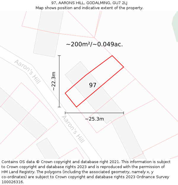 97, AARONS HILL, GODALMING, GU7 2LJ: Plot and title map