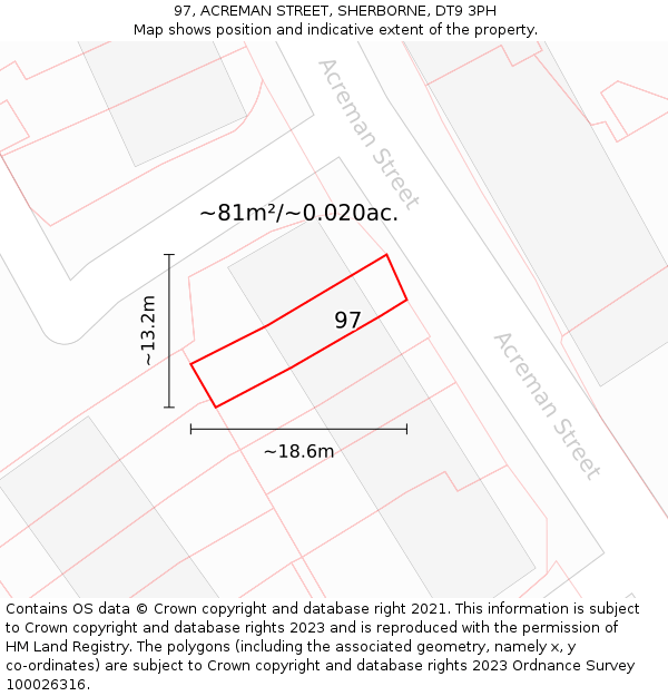 97, ACREMAN STREET, SHERBORNE, DT9 3PH: Plot and title map