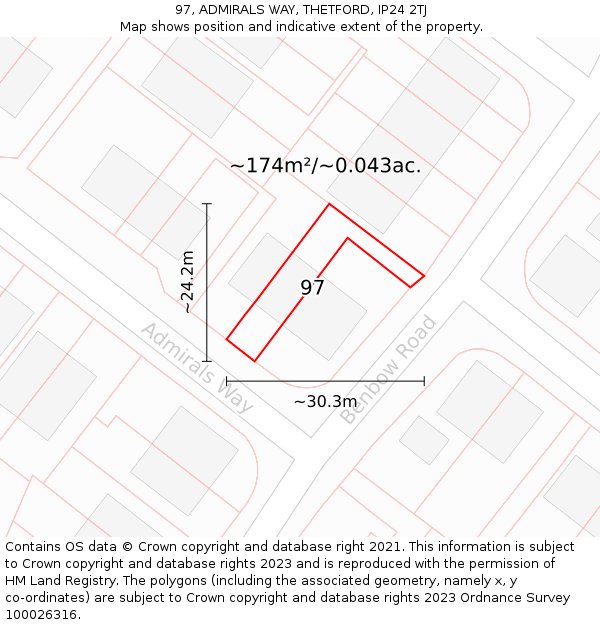 97, ADMIRALS WAY, THETFORD, IP24 2TJ: Plot and title map