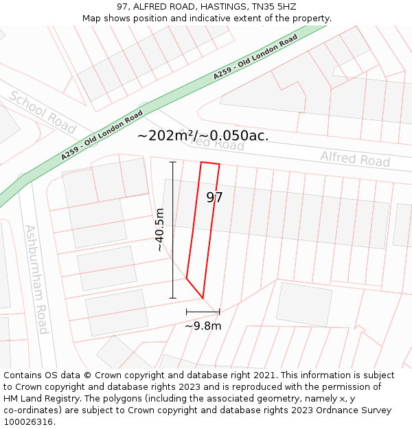 97, ALFRED ROAD, HASTINGS, TN35 5HZ: Plot and title map