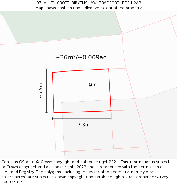 97, ALLEN CROFT, BIRKENSHAW, BRADFORD, BD11 2AB: Plot and title map