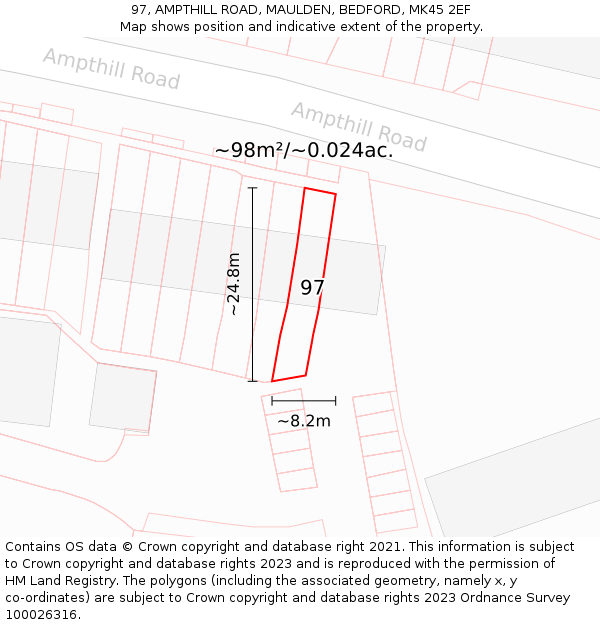 97, AMPTHILL ROAD, MAULDEN, BEDFORD, MK45 2EF: Plot and title map