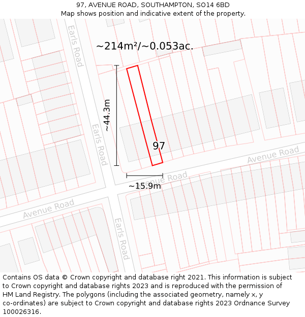 97, AVENUE ROAD, SOUTHAMPTON, SO14 6BD: Plot and title map