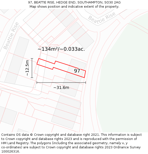 97, BEATTIE RISE, HEDGE END, SOUTHAMPTON, SO30 2AG: Plot and title map