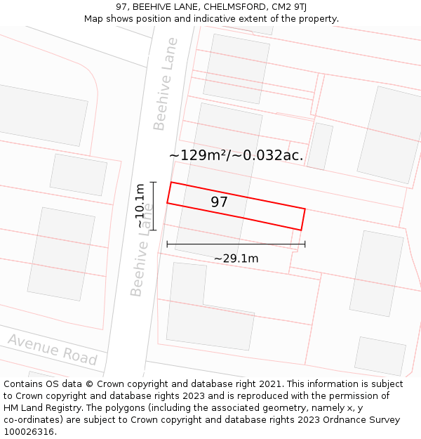 97, BEEHIVE LANE, CHELMSFORD, CM2 9TJ: Plot and title map