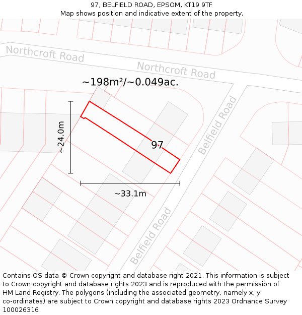 97, BELFIELD ROAD, EPSOM, KT19 9TF: Plot and title map