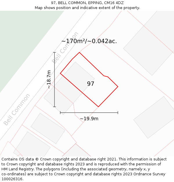 97, BELL COMMON, EPPING, CM16 4DZ: Plot and title map