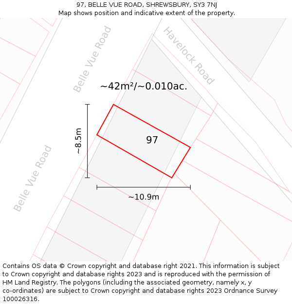 97, BELLE VUE ROAD, SHREWSBURY, SY3 7NJ: Plot and title map