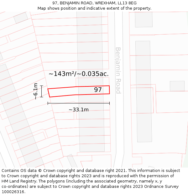 97, BENJAMIN ROAD, WREXHAM, LL13 8EG: Plot and title map