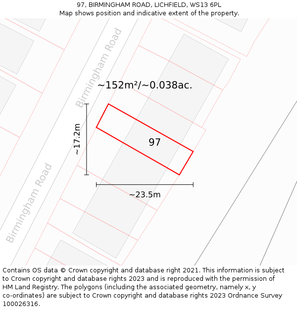 97, BIRMINGHAM ROAD, LICHFIELD, WS13 6PL: Plot and title map