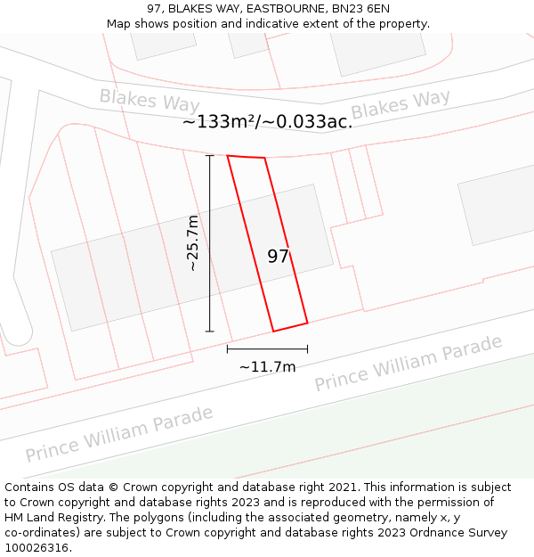 97, BLAKES WAY, EASTBOURNE, BN23 6EN: Plot and title map