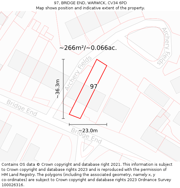 97, BRIDGE END, WARWICK, CV34 6PD: Plot and title map