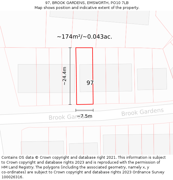97, BROOK GARDENS, EMSWORTH, PO10 7LB: Plot and title map