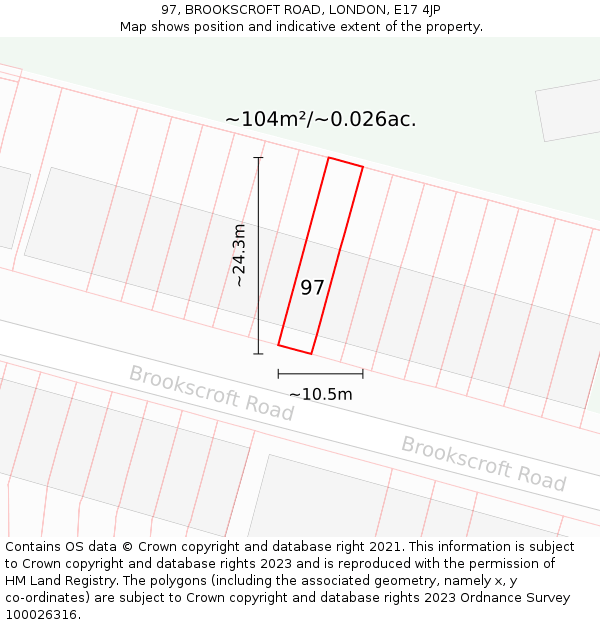 97, BROOKSCROFT ROAD, LONDON, E17 4JP: Plot and title map