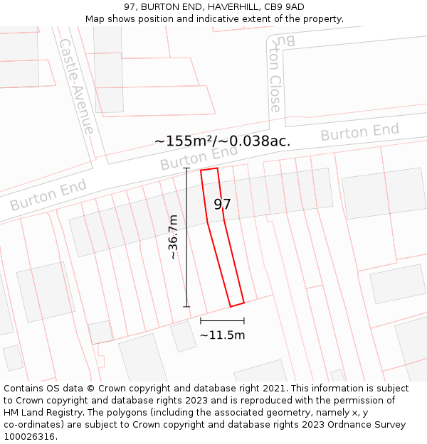 97, BURTON END, HAVERHILL, CB9 9AD: Plot and title map