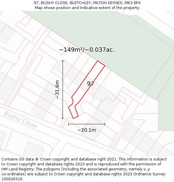 97, BUSHY CLOSE, BLETCHLEY, MILTON KEYNES, MK3 6PX: Plot and title map