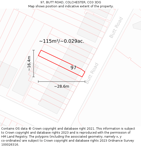 97, BUTT ROAD, COLCHESTER, CO3 3DG: Plot and title map