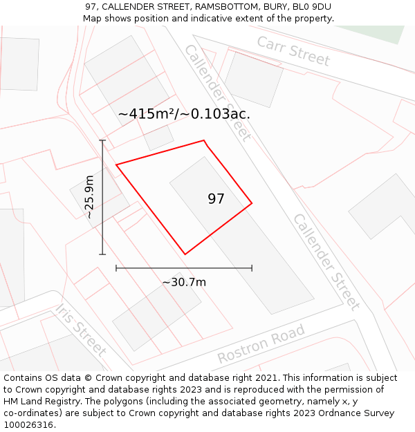 97, CALLENDER STREET, RAMSBOTTOM, BURY, BL0 9DU: Plot and title map