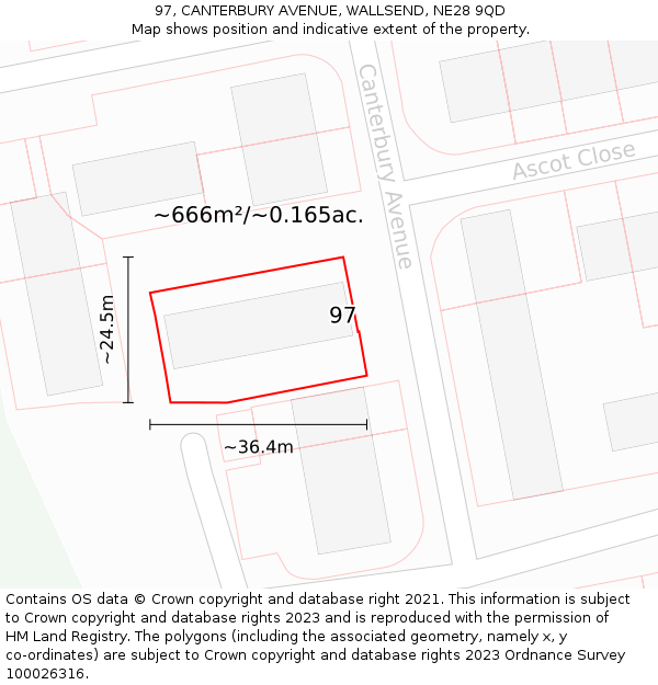 97, CANTERBURY AVENUE, WALLSEND, NE28 9QD: Plot and title map