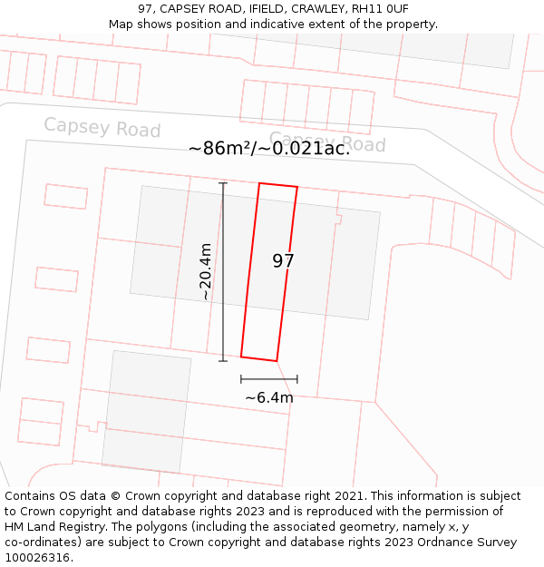 97, CAPSEY ROAD, IFIELD, CRAWLEY, RH11 0UF: Plot and title map
