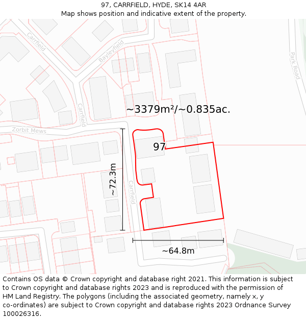 97, CARRFIELD, HYDE, SK14 4AR: Plot and title map
