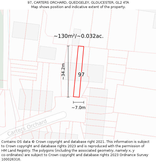 97, CARTERS ORCHARD, QUEDGELEY, GLOUCESTER, GL2 4TA: Plot and title map