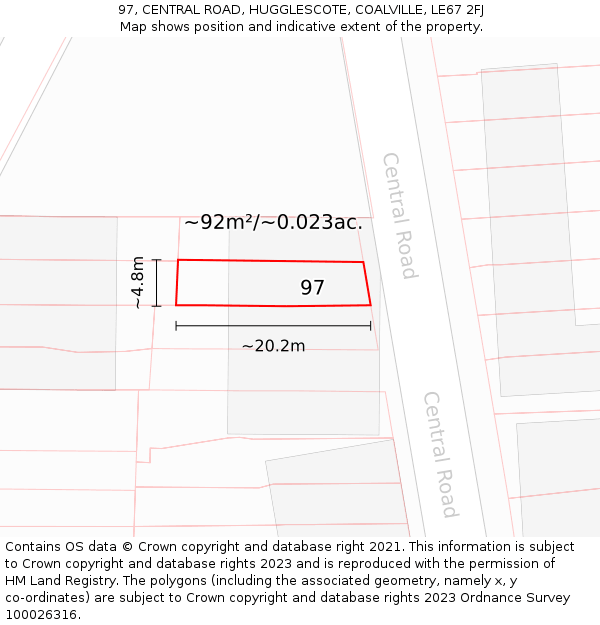 97, CENTRAL ROAD, HUGGLESCOTE, COALVILLE, LE67 2FJ: Plot and title map