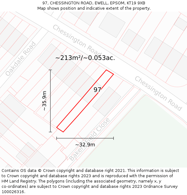 97, CHESSINGTON ROAD, EWELL, EPSOM, KT19 9XB: Plot and title map