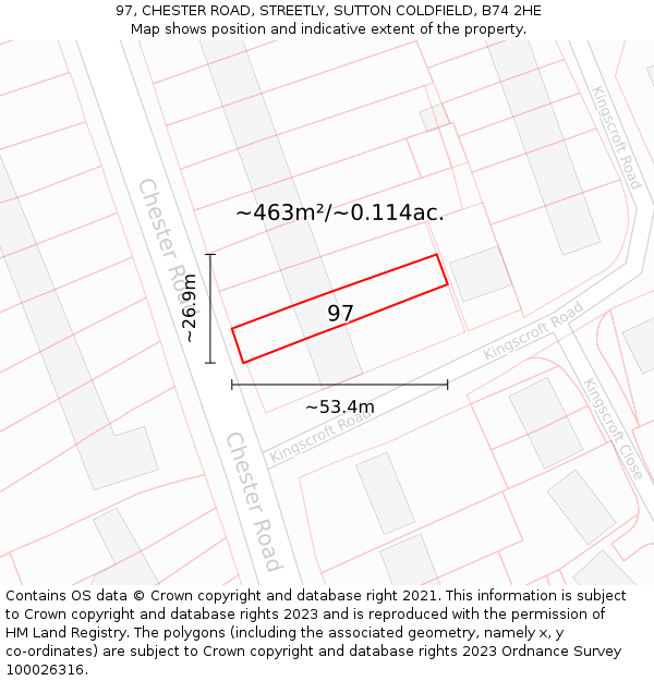 97, CHESTER ROAD, STREETLY, SUTTON COLDFIELD, B74 2HE: Plot and title map